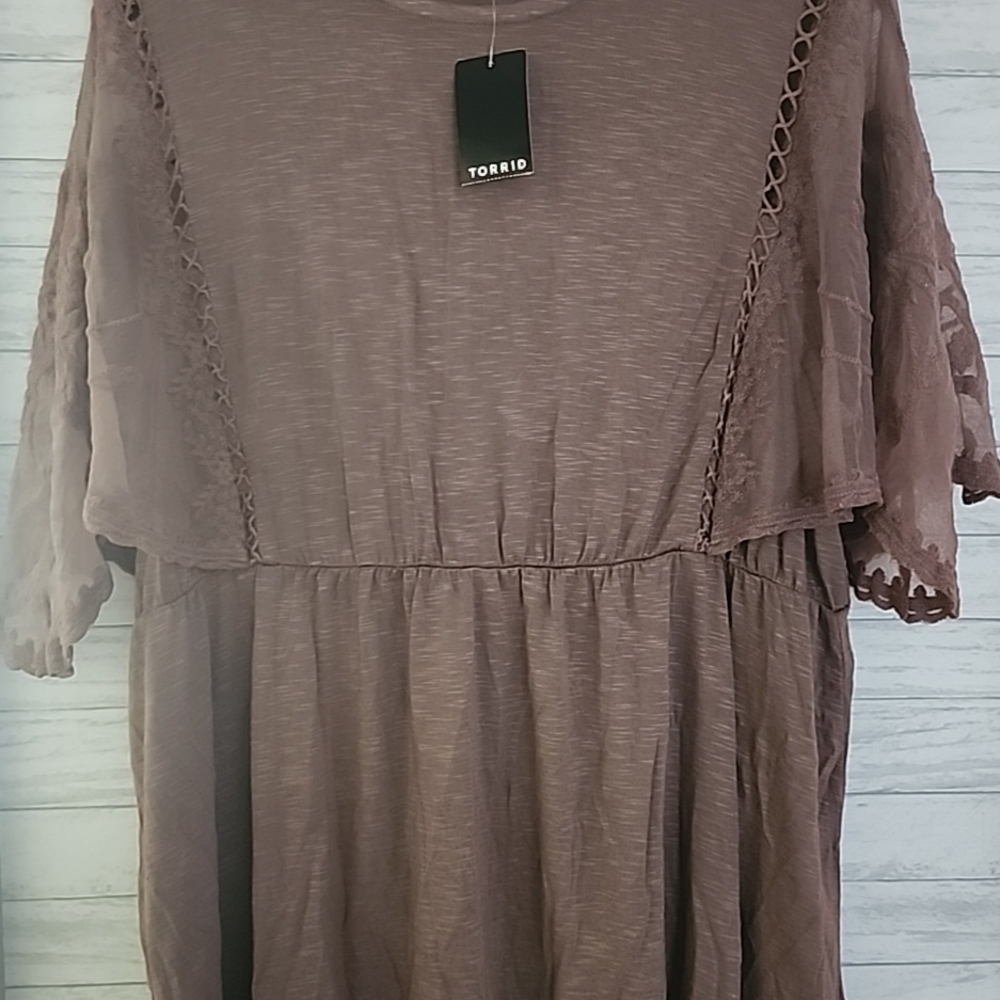 Torrid Deep Taupe Short Sleeve Knit Top with Lace Accents Women's Large Size 12